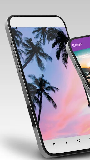 Simple Gallery app displaying tropical palm trees photo with purple Gallery button - photo viewing and gallery management