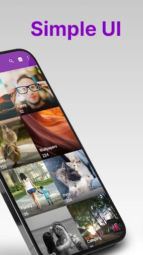 Simple Gallery app interface showing photo grid with various images including portraits and landscapes - gallery organization