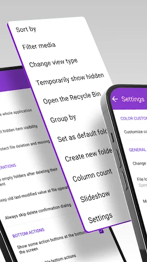 Simple Gallery settings menu showing sort, filter, view options and folder management tools - gallery customization features