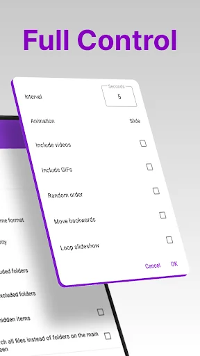 Simple Gallery slideshow settings with interval, animation controls and video options - presentation configuration menu