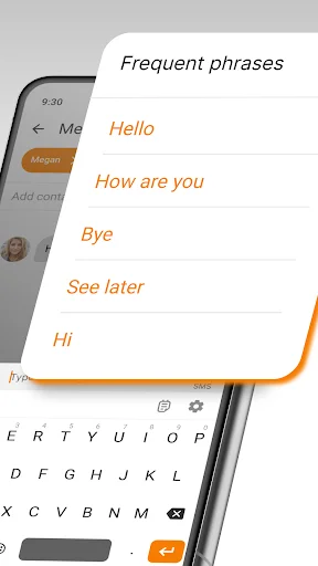 Simple Keyboard quick phrases popup showing common text shortcuts: Hello, How are you, Bye, See later, Hi
