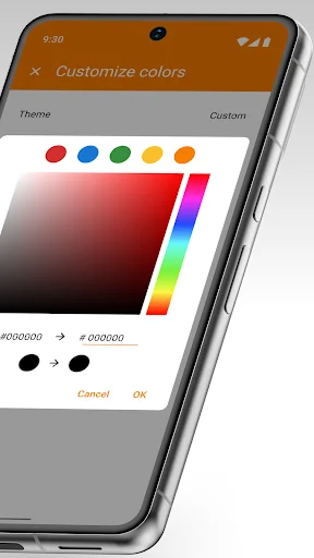 Simple Keyboard color picker interface with gradient selection wheel and hex color codes for custom themes