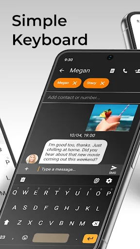 Simple Keyboard app main screen displaying QWERTY keyboard layout with messaging interface and text composition area