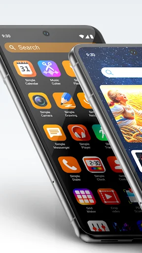 Simple Launcher app home screen showing organized app icons with search bar and customizable dark theme interface