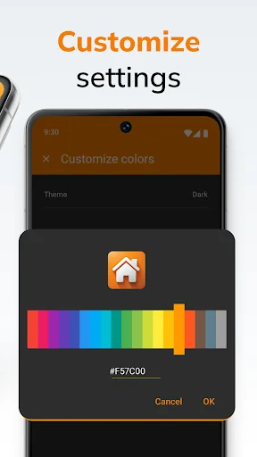 Simple Launcher settings panel with advanced color picker tool and hex code input for precise theme customization