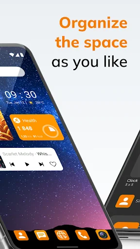 Simple Launcher organize space feature with galaxy wallpaper and orange accent colors for personalized home screen