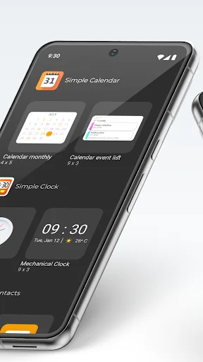 Simple Launcher widgets view displaying calendar, clock, and weather widgets on customizable dark home screen