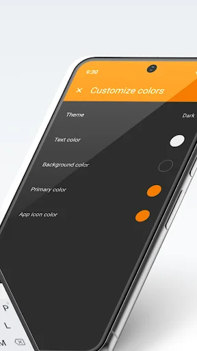 Simple Launcher color customization settings showing theme options, text color, and app icon color selection menu