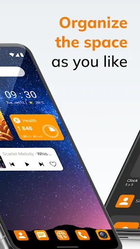 Simple Launcher space organization feature showcasing personalized layout with galaxy background and orange UI accents