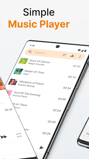 Simple Music Player interface displaying music library with song list, search bar, and track duration for easy music browsing