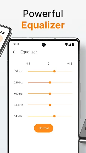 Powerful 5-band equalizer interface in Simple Music Player with frequency sliders and Normal preset for enhanced audio quality
