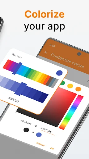 Simple Music Player color customization screen with rainbow palette and theme options to personalize app appearance