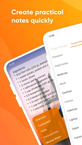 Simple Notes productivity app showing note creation interface with shopping list and travel checklist examples