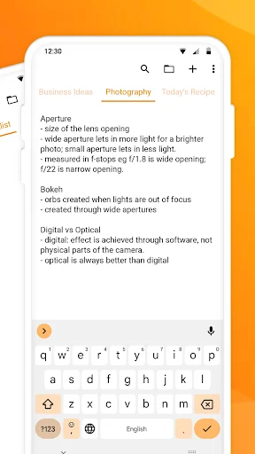 Simple Notes app note editor with photography tips, virtual keyboard, and organized text formatting for productivity
