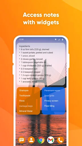 Simple Notes widget on home screen displaying ingredient checklist with access to notes directly from phone desktop