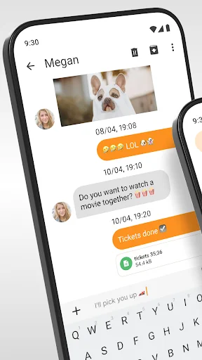 Simple SMS Messenger chat screen showing conversation with Megan, displaying photo messages and emoji responses with keyboard