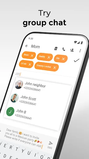 Simple SMS Messenger group messaging setup screen with contact selection and recipient management for group chats