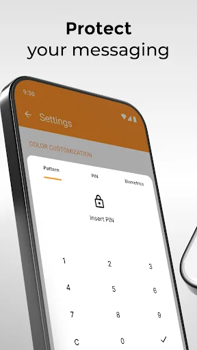 Simple SMS Messenger settings screen displaying PIN security setup with numeric keypad for protecting private messages