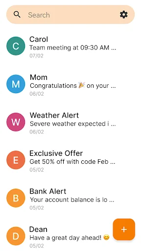 Simple SMS Messenger conversation list showing recent chats with Carol, Mom, alerts, and new message button