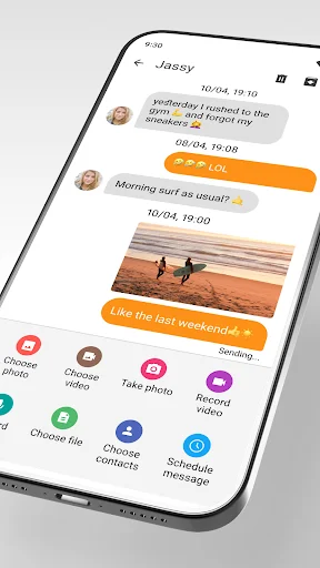 Simple SMS Messenger conversation with Jassy showing photo sharing and media attachment options for MMS messaging
