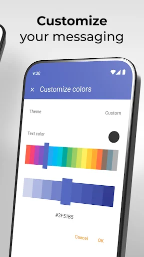 Simple SMS Messenger color customization screen allowing users to personalize app theme and text colors