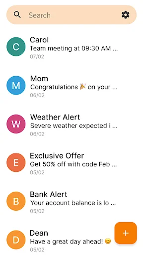 Simple SMS Messenger main inbox displaying conversations with Carol, Mom, Weather Alert, and other contacts with search