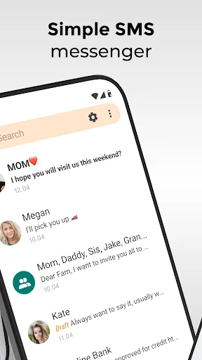 Simple SMS Messenger home screen showing conversation list with Mom, Megan, and other contacts for instant messaging