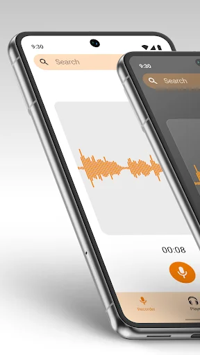 Simple Voice Recorder app showing two phones with audio waveform display and orange record button interface