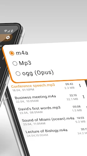 File format picker showing m4a, Mp3, ogg audio options with recorded voice memo list below