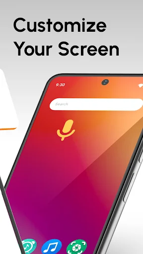 App theme customization screen with vibrant pink-orange gradient background and microphone icon display
