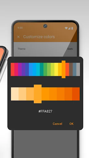 Advanced color picker interface with spectrum slider and orange theme selection for voice recorder app